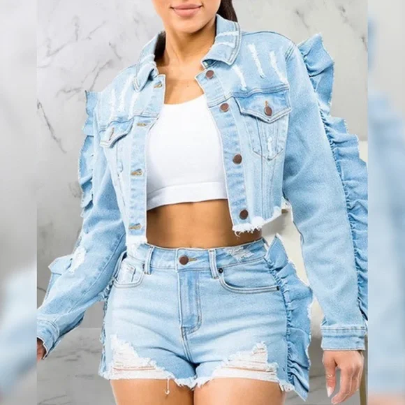 American Bazi Light Wash Cropped Denim Jacket Ruffle Sleeve Plus Size - Picture 1 of 4